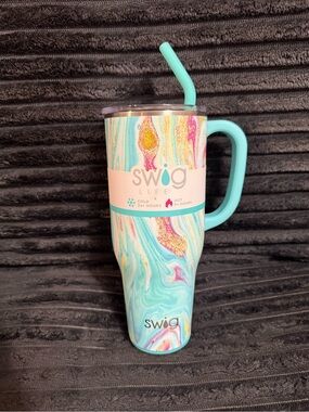 Swig Life Turquoise Marble Travel Tumbler with Handle and Straw